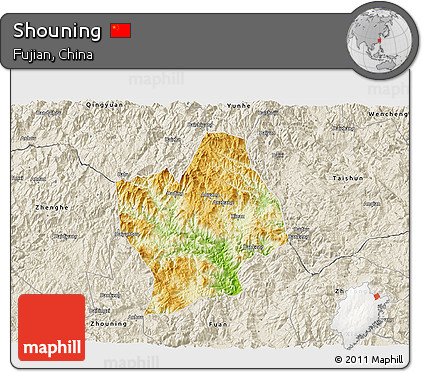 Physical 3D Map of Shouning, shaded relief outside