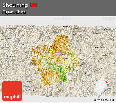 Physical 3D Map of Shouning, shaded relief outside
