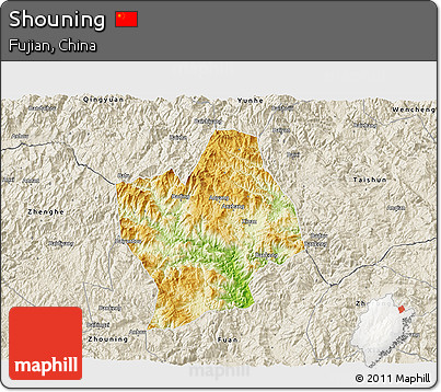 Physical 3D Map of Shouning, shaded relief outside