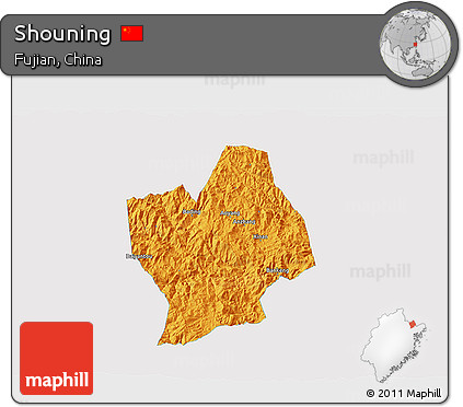 Political 3D Map of Shouning, single color outside