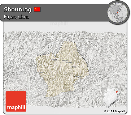 Shaded Relief 3D Map of Shouning, lighten, semi-desaturated