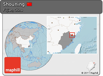 Gray Location Map of Shouning, highlighted country, highlighted parent region, hill shading