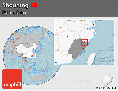 Gray Location Map of Shouning, highlighted country, highlighted parent region, hill shading