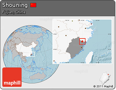 Gray Location Map of Shouning, highlighted country, highlighted parent region, hill shading