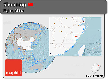 Gray Location Map of Shouning, highlighted country, hill shading