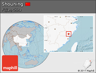 Gray Location Map of Shouning, highlighted country, hill shading