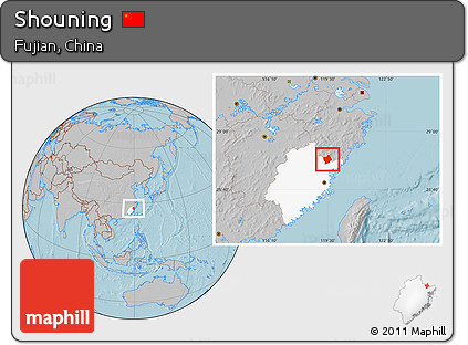 Gray Location Map of Shouning, highlighted parent region, hill shading