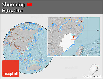 Gray Location Map of Shouning, highlighted parent region, hill shading