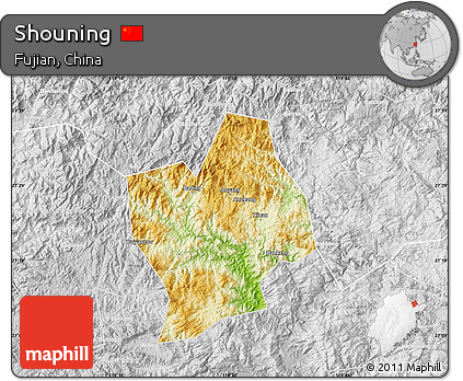 Physical Map of Shouning, lighten, desaturated