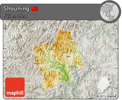Physical Map of Shouning, lighten, semi-desaturated