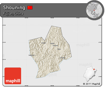 Shaded Relief Map of Shouning, single color outside