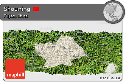 Shaded Relief Panoramic Map of Shouning, satellite outside