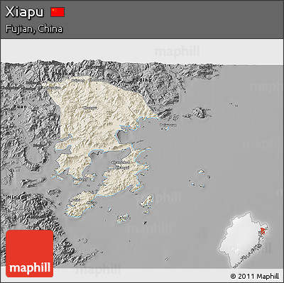 Shaded Relief 3D Map of Xiapu, darken, desaturated
