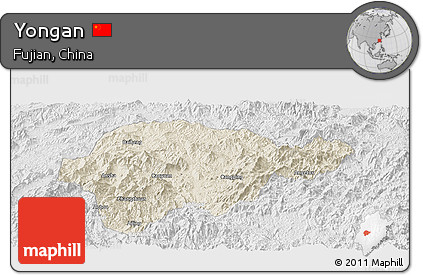 Shaded Relief Panoramic Map of Yongan, lighten, desaturated