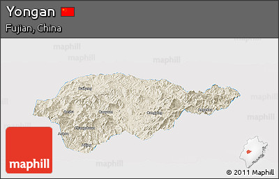 Shaded Relief Panoramic Map of Yongan, single color outside