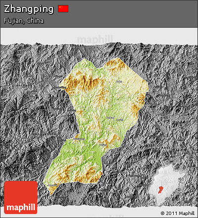 Physical 3D Map of Zhangping, darken, desaturated