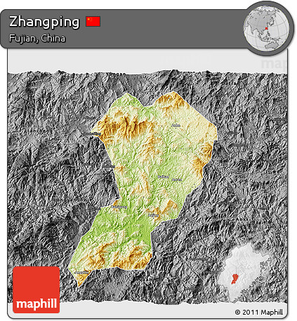 Physical 3D Map of Zhangping, darken, desaturated