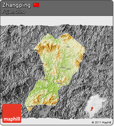 Physical 3D Map of Zhangping, darken, desaturated