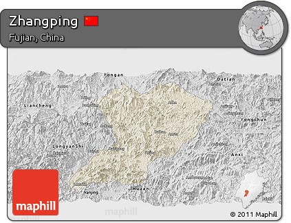 Shaded Relief Panoramic Map of Zhangping, desaturated