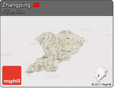 Shaded Relief Panoramic Map of Zhangping, single color outside