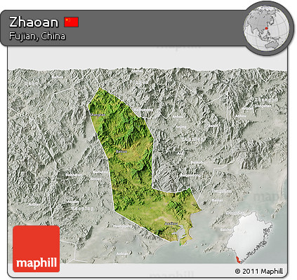 Satellite 3D Map of Zhaoan, lighten, semi-desaturated