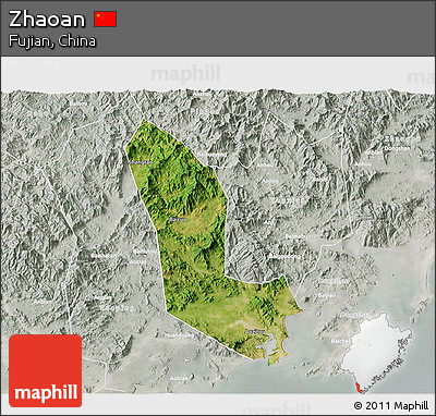 Satellite 3D Map of Zhaoan, lighten, semi-desaturated