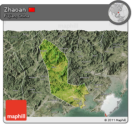 Satellite 3D Map of Zhaoan, semi-desaturated