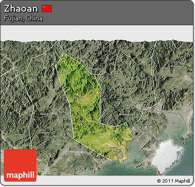 Satellite 3D Map of Zhaoan, semi-desaturated