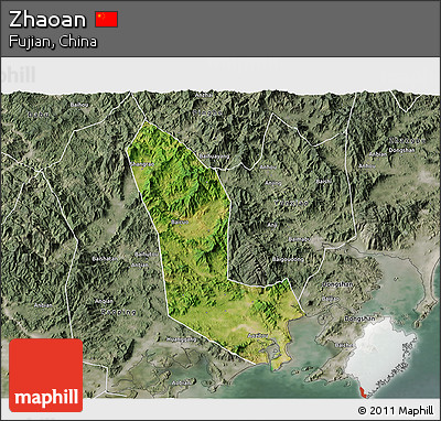 Satellite 3D Map of Zhaoan, semi-desaturated