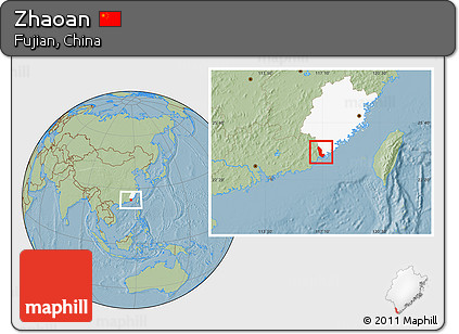 Savanna Style Location Map of Zhaoan, highlighted parent region, hill shading