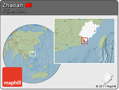 Savanna Style Location Map of Zhaoan, highlighted parent region, hill shading