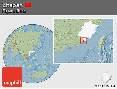 Savanna Style Location Map of Zhaoan, highlighted parent region, hill shading
