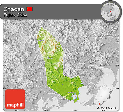 Physical Map of Zhaoan, lighten, desaturated