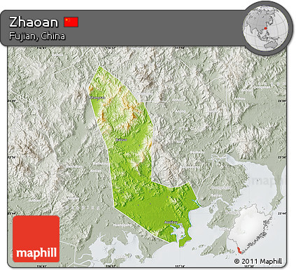 Physical Map of Zhaoan, lighten, semi-desaturated