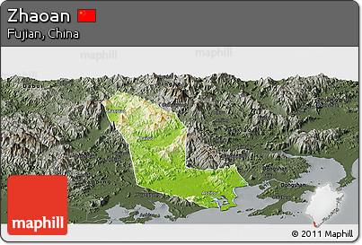 Physical Panoramic Map of Zhaoan, darken, semi-desaturated