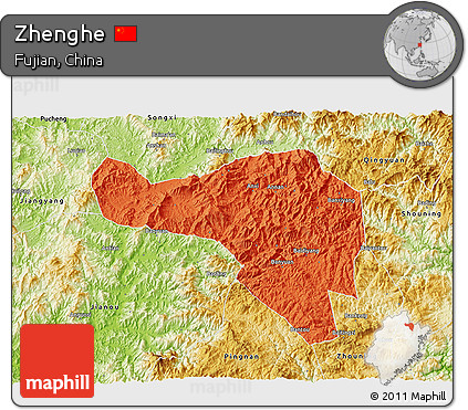 Political 3D Map of Zhenghe, physical outside