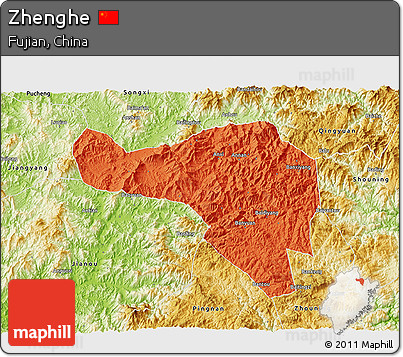 Political 3D Map of Zhenghe, physical outside