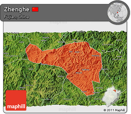 Political 3D Map of Zhenghe, satellite outside