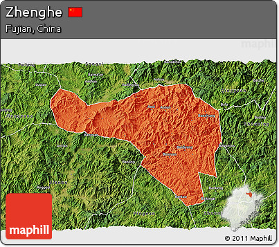 Political 3D Map of Zhenghe, satellite outside