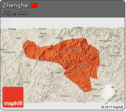 Political 3D Map of Zhenghe, shaded relief outside