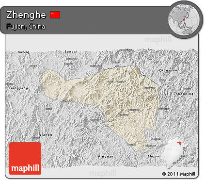 Shaded Relief 3D Map of Zhenghe, desaturated