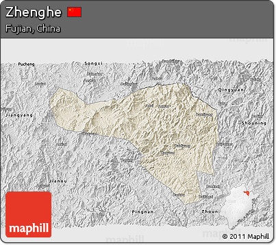 Shaded Relief 3D Map of Zhenghe, desaturated