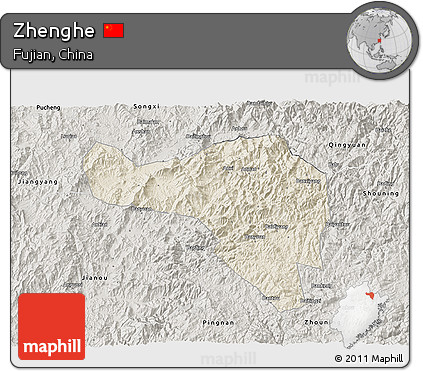 Shaded Relief 3D Map of Zhenghe, semi-desaturated