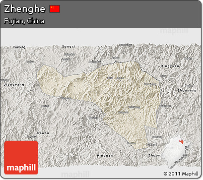 Shaded Relief 3D Map of Zhenghe, semi-desaturated