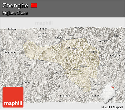 Shaded Relief 3D Map of Zhenghe, semi-desaturated