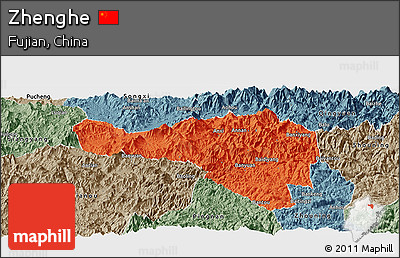 Political Panoramic Map of Zhenghe, semi-desaturated