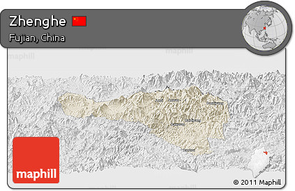 Shaded Relief Panoramic Map of Zhenghe, lighten, desaturated