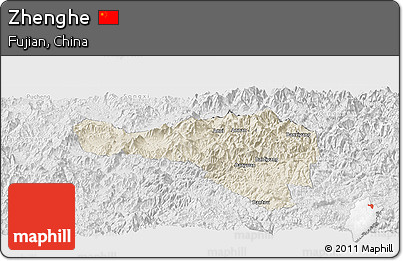 Shaded Relief Panoramic Map of Zhenghe, lighten, desaturated