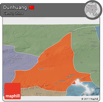 Political 3D Map of Dunhuang, semi-desaturated