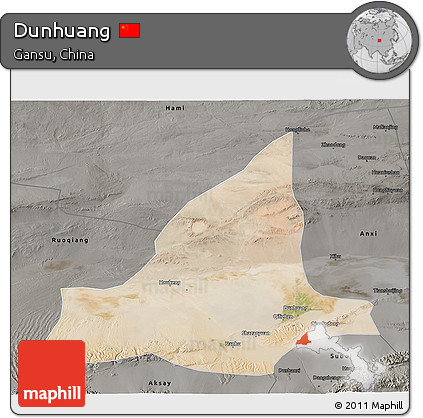 Satellite 3D Map of Dunhuang, darken, semi-desaturated